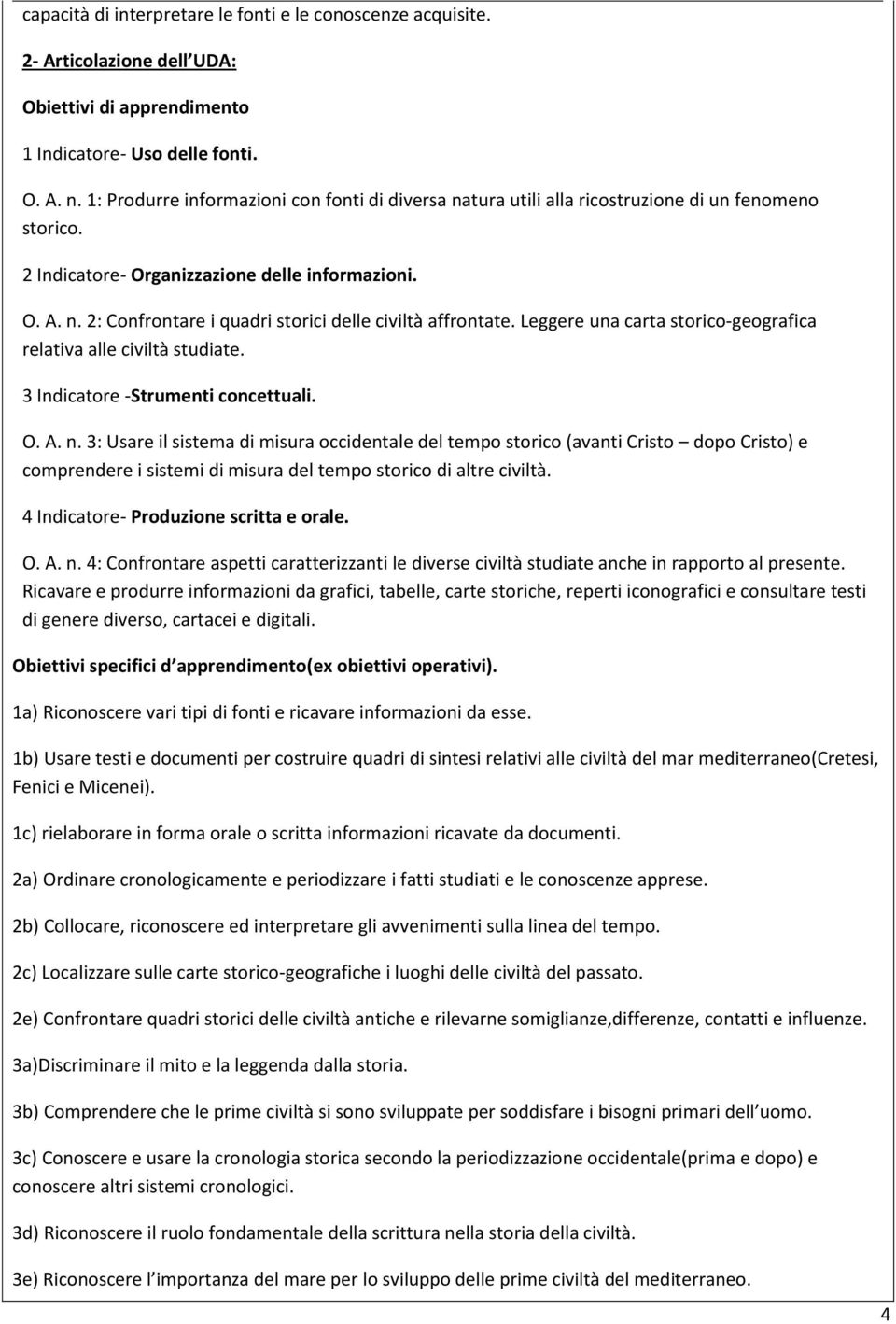 Leggere una carta storico-geografica relativa alle civiltà studiate. 3 Indicatore -Strumenti concettuali. O. A. n.