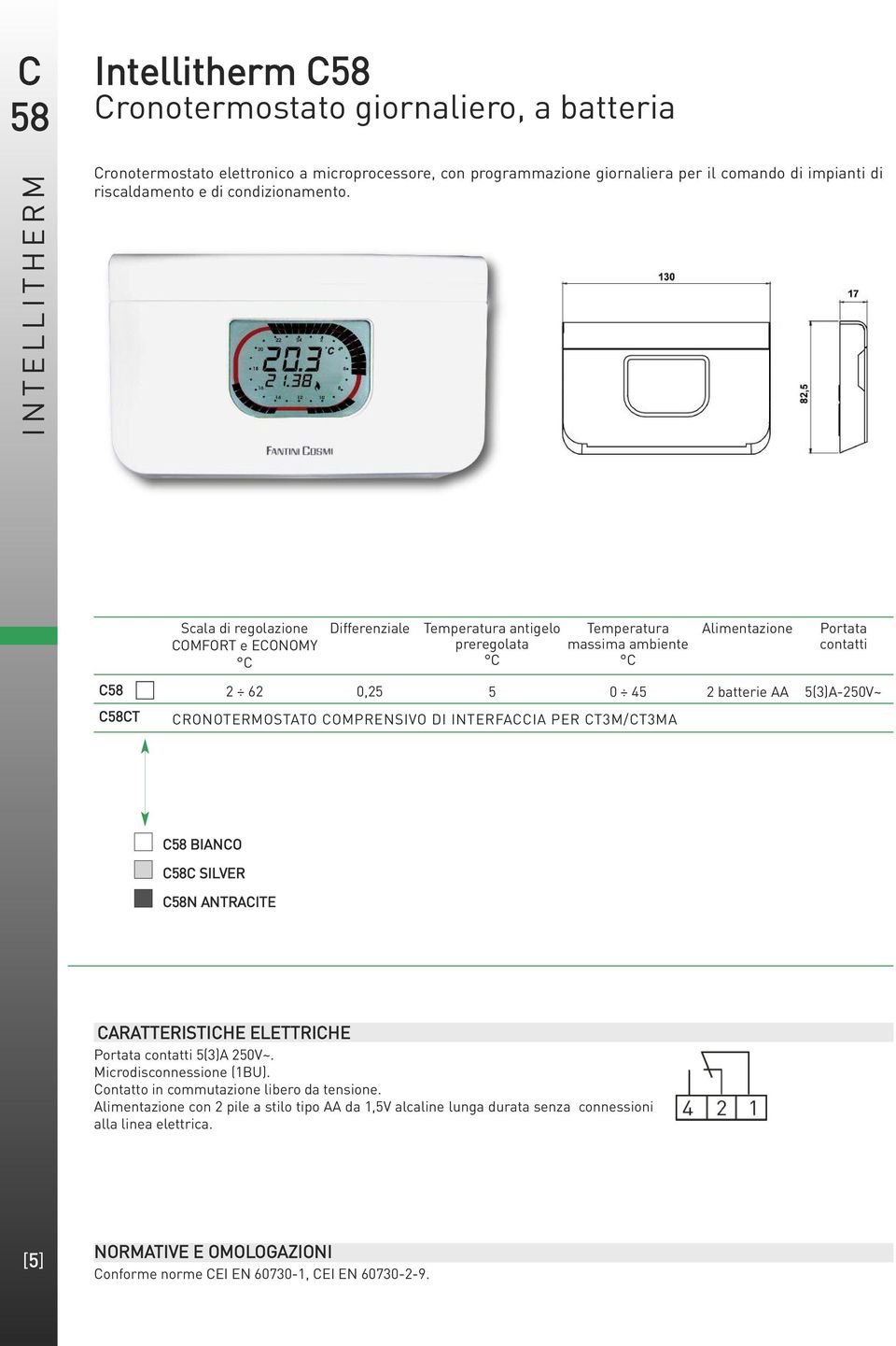 Scala di regolazione COMFORT e ECONOMY Differenziale Temperatura antigelo preregolata Temperatura massima ambiente Alimentazione Portata contatti C58 2 62 0,25 5 0 45 2 batterie AA 5(3)A-250V~ C58CT