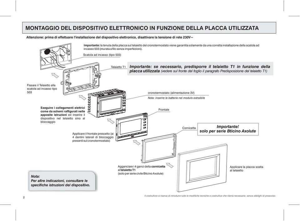 Scatola ad incasso (tipo 503) Telaietto T Importante: se necessario, predisporre il telaietto T in funzione della placca utilizzata (vedere sul fronte del foglio il paragrafo Predisposizione del