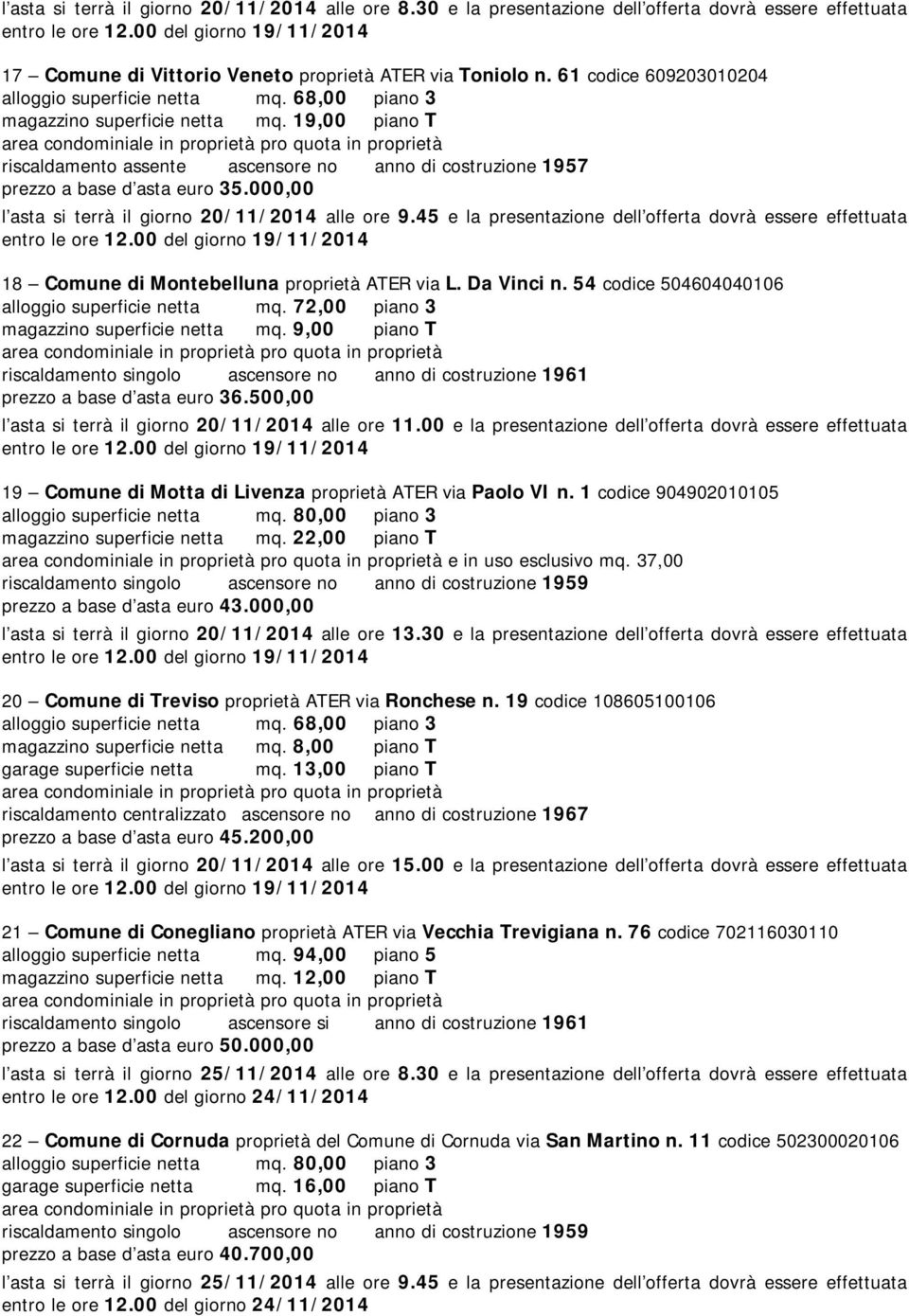 19,00 piano T riscaldamento assente ascensore no anno di costruzione 1957 prezzo a base d asta euro 35.000,00 l asta si terrà il giorno 20/11/2014 alle ore 9.