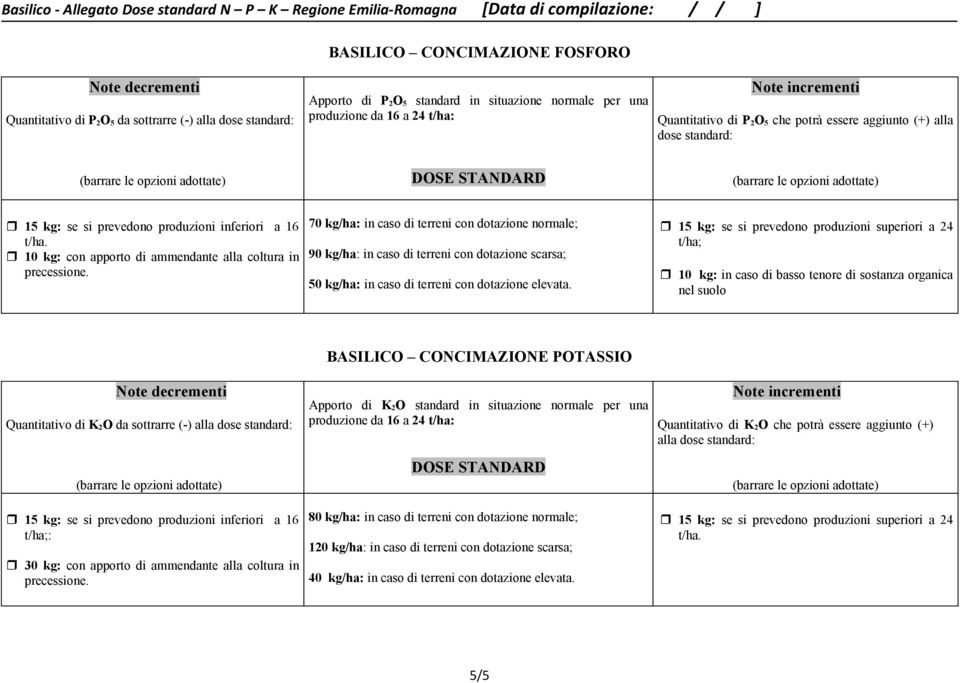 15 kg: se si prevedono produzioni inferiori a 16 t/ha. 10 kg: con apporto di ammendante alla coltura in precessione.