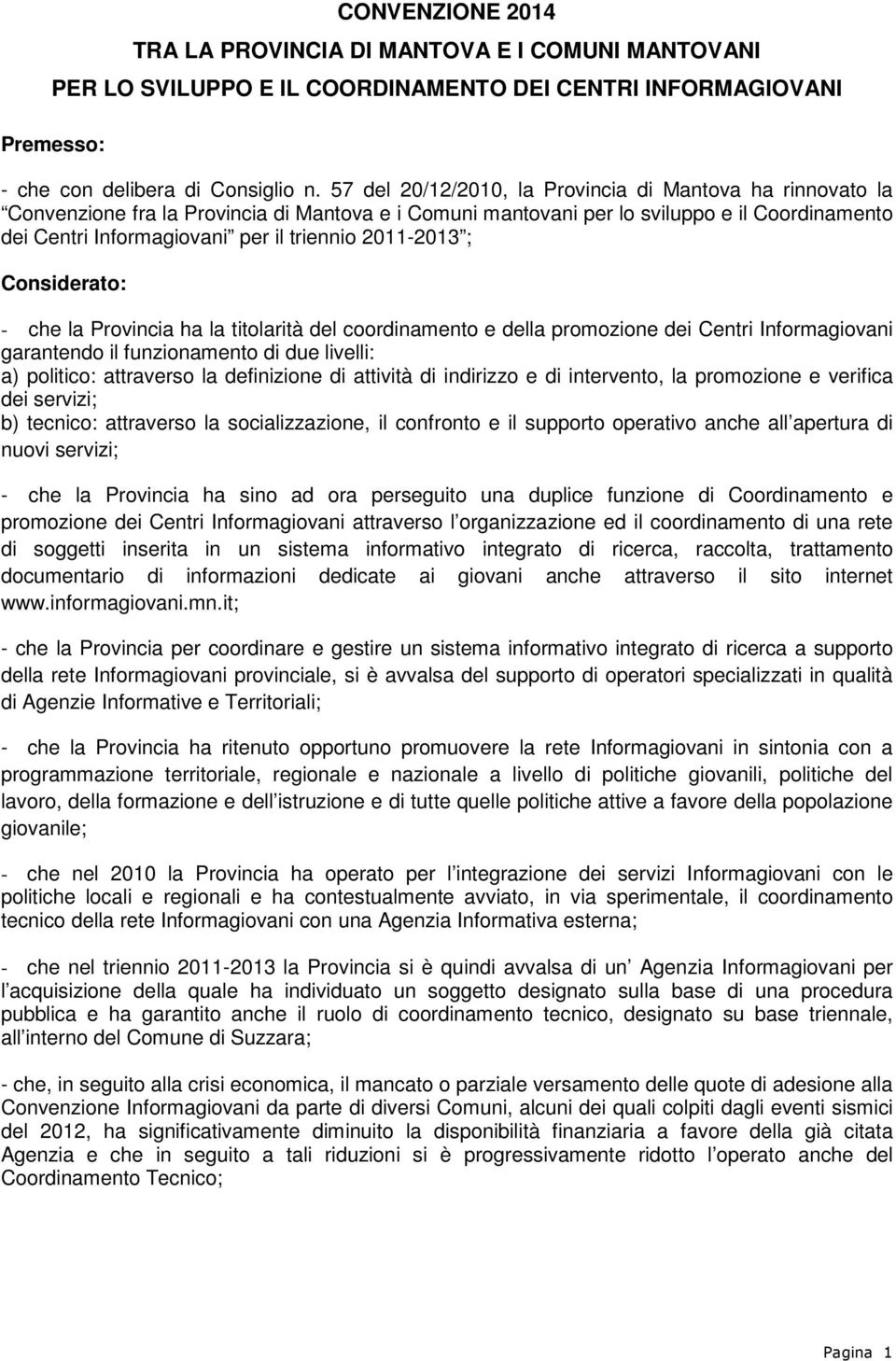 2011-2013 ; Considerato: - che la Provincia ha la titolarità del coordinamento e della promozione dei Centri Informagiovani garantendo il funzionamento di due livelli: a) politico: attraverso la