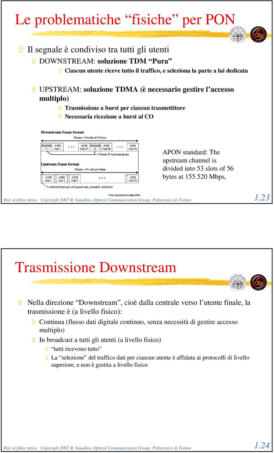 of 56 bytes at 155.520 Mbps, Reti in fibra ottica Copyright 2007 R. Gaudino, Optical Communication Group, Politecnico di Torino 1.