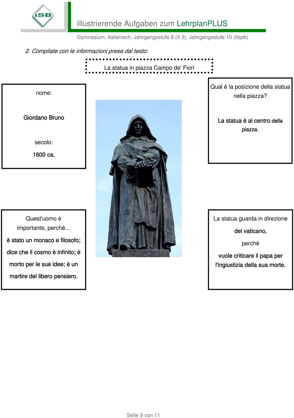 .. è stato un monaco e filosofo; dice che il cosmo è infinito; è morto per le sue idee; è un La statua guarda in