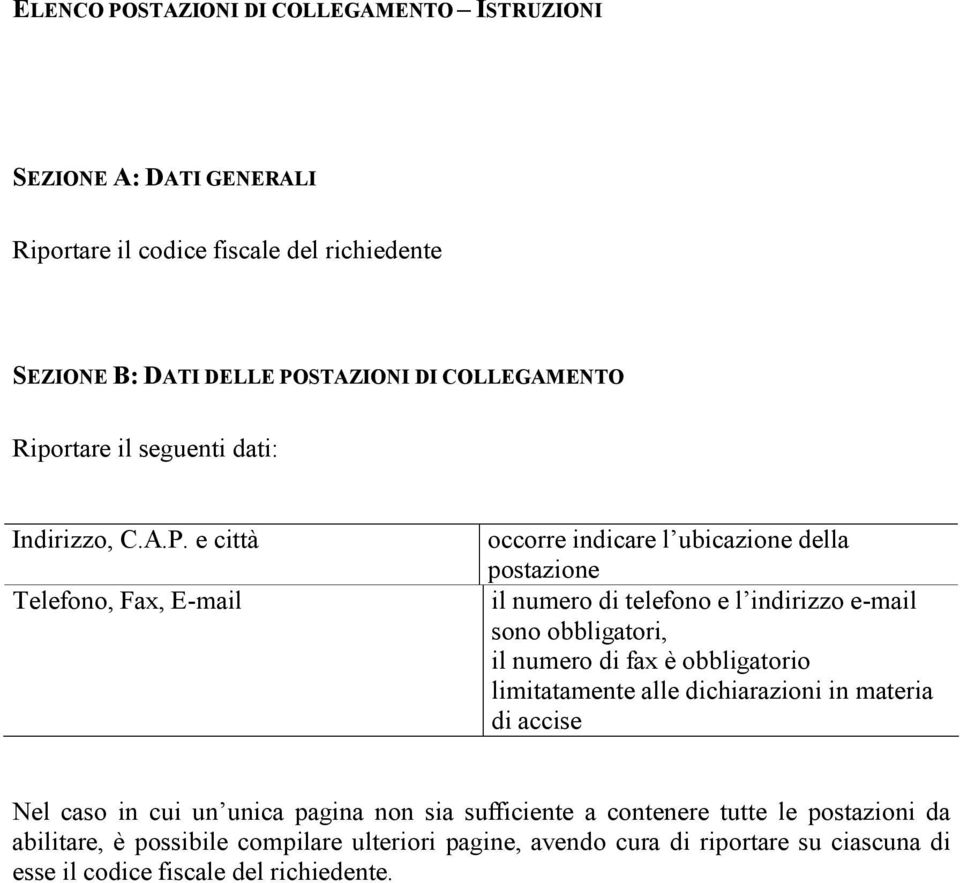 e città Telefono, Fax, E-mail occorre indicare l ubicazione della postazione il numero di telefono e l indirizzo e-mail sono obbligatori, il numero di fax è