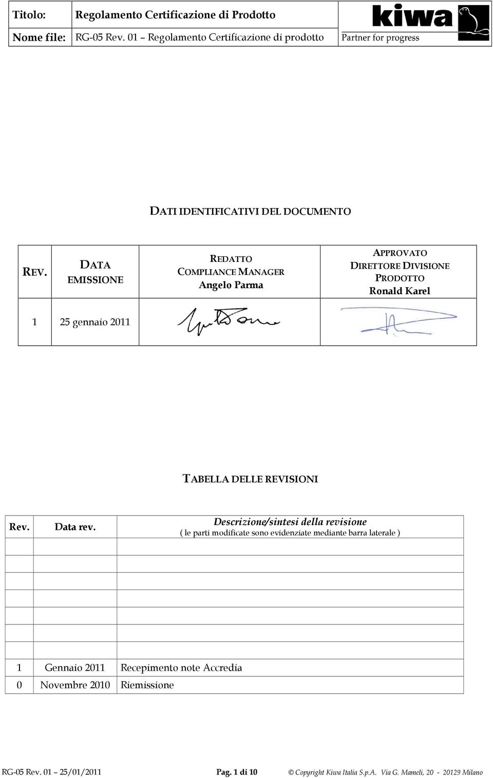 gennaio 2011 TABELLA DELLE REVISIONI Rev. Data rev.