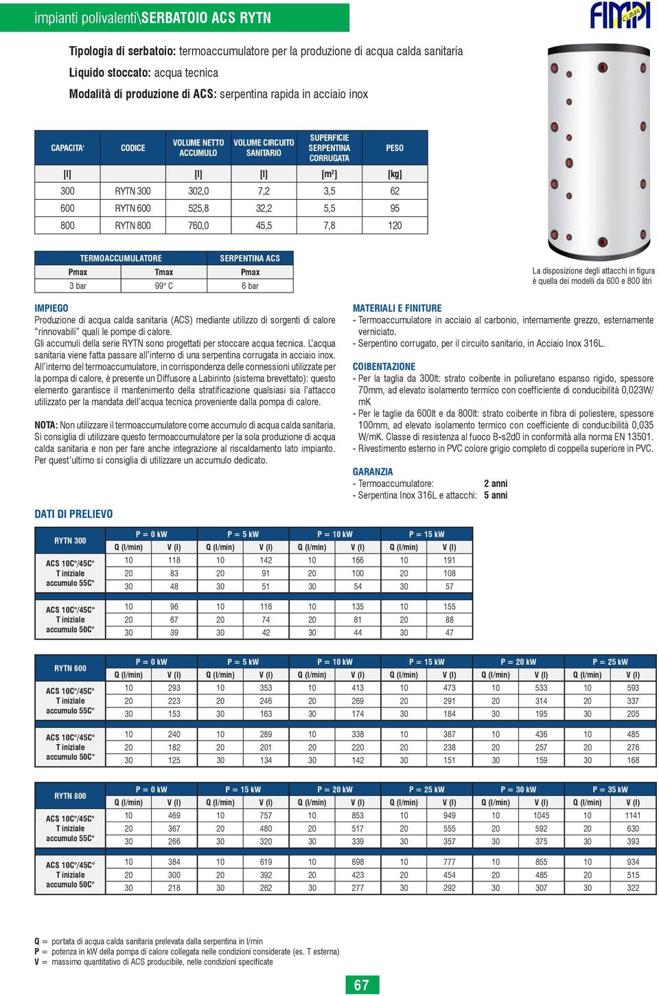 PESO TERMOCCUMULTORE SERPENTIN CS Pmax Tmax Pmax 3 bar 99 C 6 bar IMPIEGO Produzione di acqua calda sanitaria (CS) mediante utilizzo di sorgenti di calore rinnovabili quali le pompe di calore.