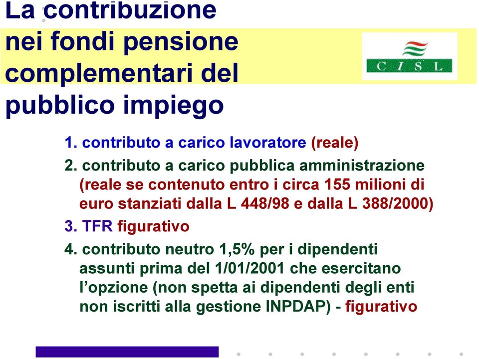 L 448/98 e dalla L 388/2000) 3. TFR figurativo 4.