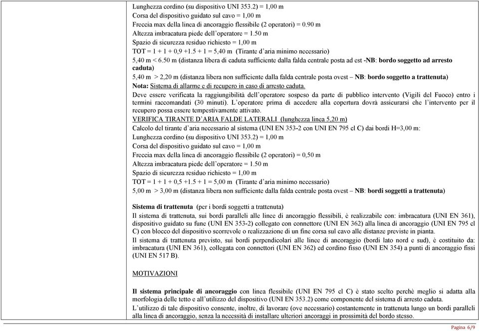 50 m (distanza libera di caduta sufficiente dalla falda centrale posta ad est -NB: bordo soggetto ad arresto caduta) 5,40 m > 2,20 m (distanza libera non sufficiente dalla falda centrale posta ovest