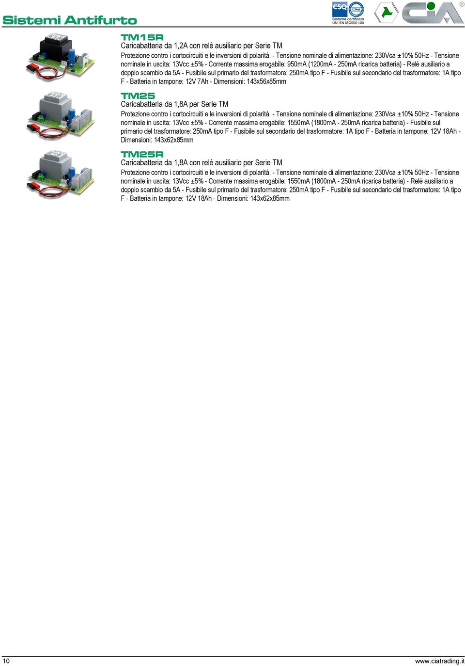 scambio da 5A - Fusibile sul primario del trasformatore: 250mA tipo F - Fusibile sul secondario del trasformatore: 1A tipo F - Batteria in tampone: 12V 7Ah - Dimensioni: 143x56x85mm TM25