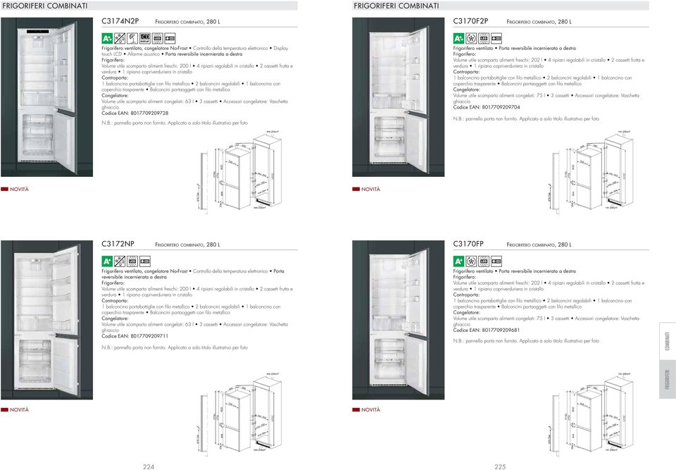 Accessori congelatore: Vaschetta Codice EAN: 8017709209728 Frigorifero ventilato Porta reversibile incernierata a destra Volume utile scomparto alimenti freschi: 202 l 4 ripiani regolabili in