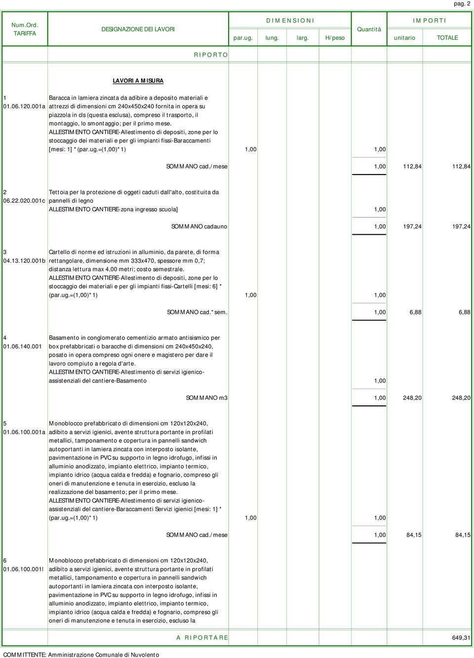 ALLESTIMENTO CANTIERE-Allestimento di depositi, zone per lo stoccaggio dei materiali e per gli impianti fissi-baraccamenti [mesi: 1] *(par.ug.=(1,00)*1) 1,00 1,00 SOMMANO cad.