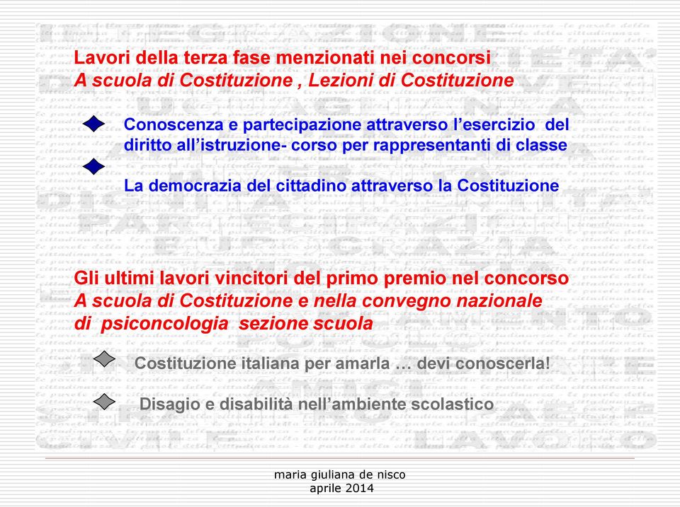 la Costituzione Gli ultimi lavori vincitori del primo premio nel concorso A scuola di Costituzione e nella convegno nazionale