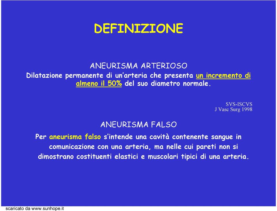 SVS-ISCVS J Vasc Surg 1998 ANEURISMA FALSO Per aneurisma falso s intende una cavità