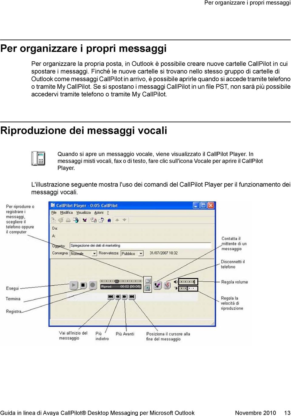 Se si spostano i messaggi CallPilot in un file PST, non sarà più possibile accedervi tramite telefono o tramite My CallPilot.