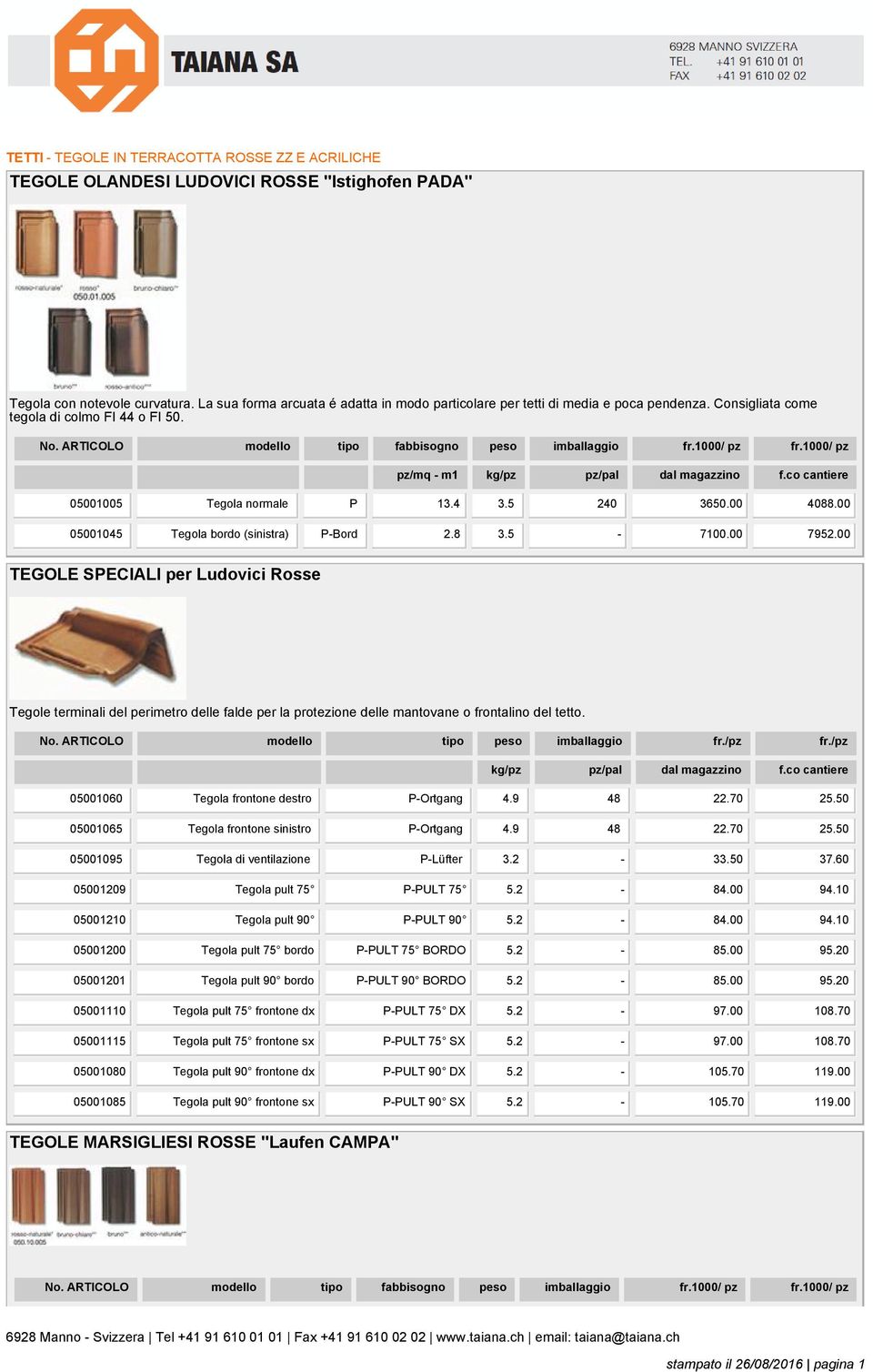 1000/ pz fr.1000/ pz pz/mq - m1 kg/pz pz/pal dal magazzino f.co cantiere 05001005 Tegola normale P 13.4 3.5 240 3650.00 4088.00 05001045 Tegola bordo (sinistra) P-Bord 2.8 3.5-7100.00 7952.