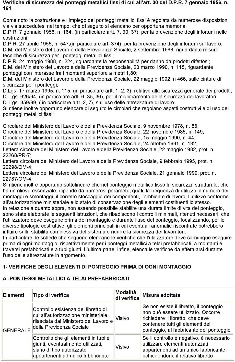 7 gennaio 1956, n. 164, (in particolare artt. 7, 30, 37), per la prevenzione degli infortuni nelle costruzioni; D.P.R. 27 aprile 1955, n. 547,(in particolare art.