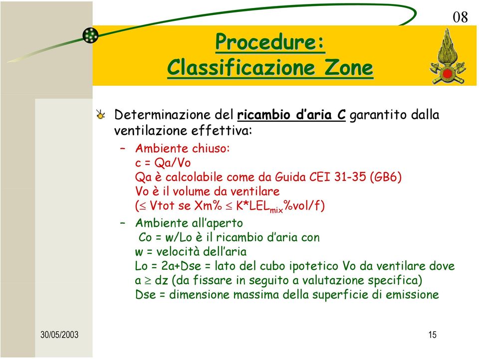 Ambiente all aperto Co = w/lo è il ricambio d aria con w = velocità dell aria Lo = 2a+Dse = lato del cubo ipotetico Vo da