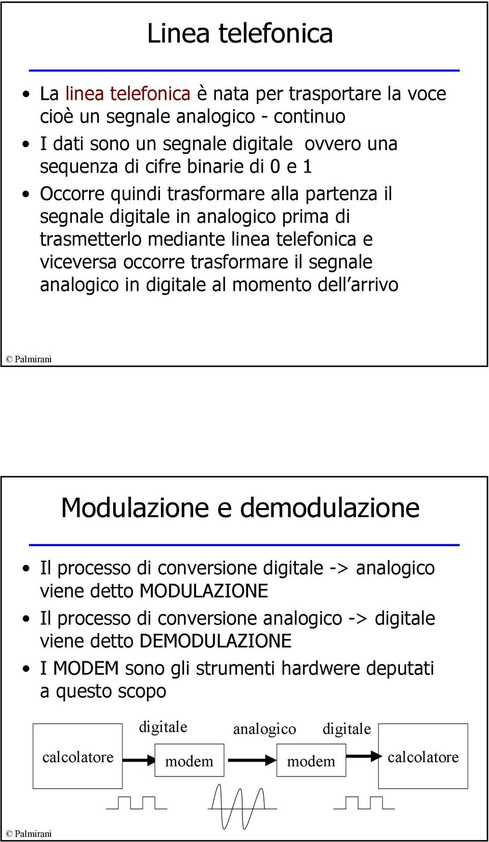 il segnale analogico in digitale al momento dell arrivo Modulazione e demodulazione Il processo di conversione digitale -> analogico viene detto MODULAZIONE Il processo di