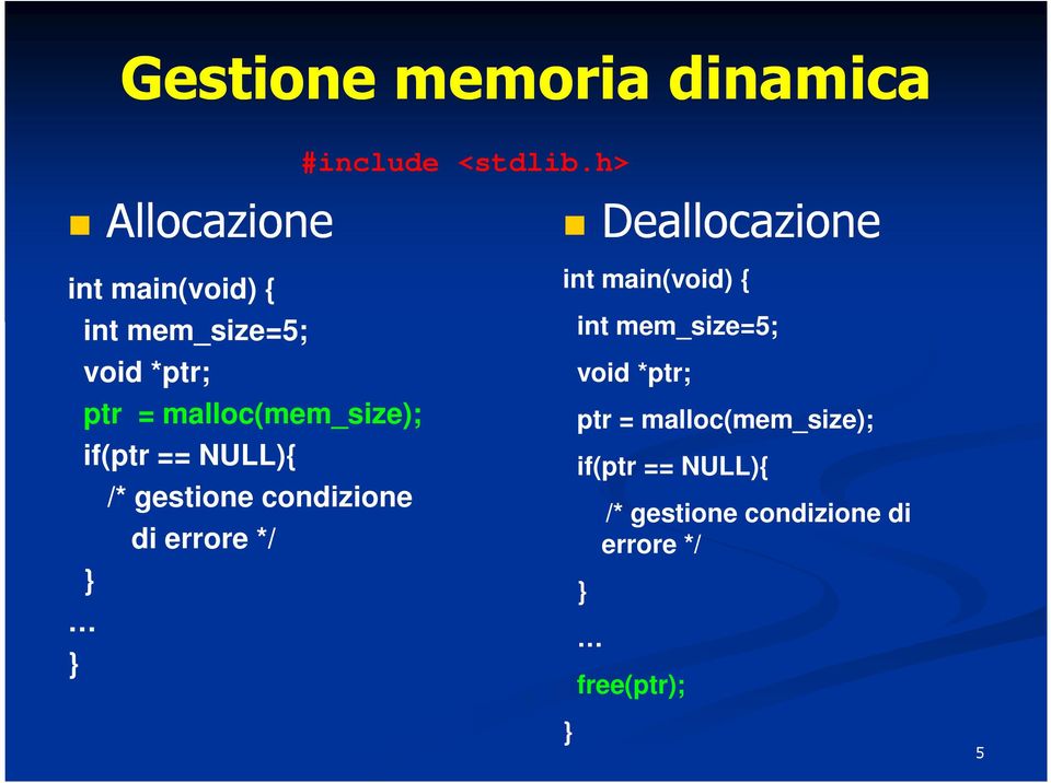 if(ptr == NULL){ } } /* gestione condizione di errore */ Deallocazione int