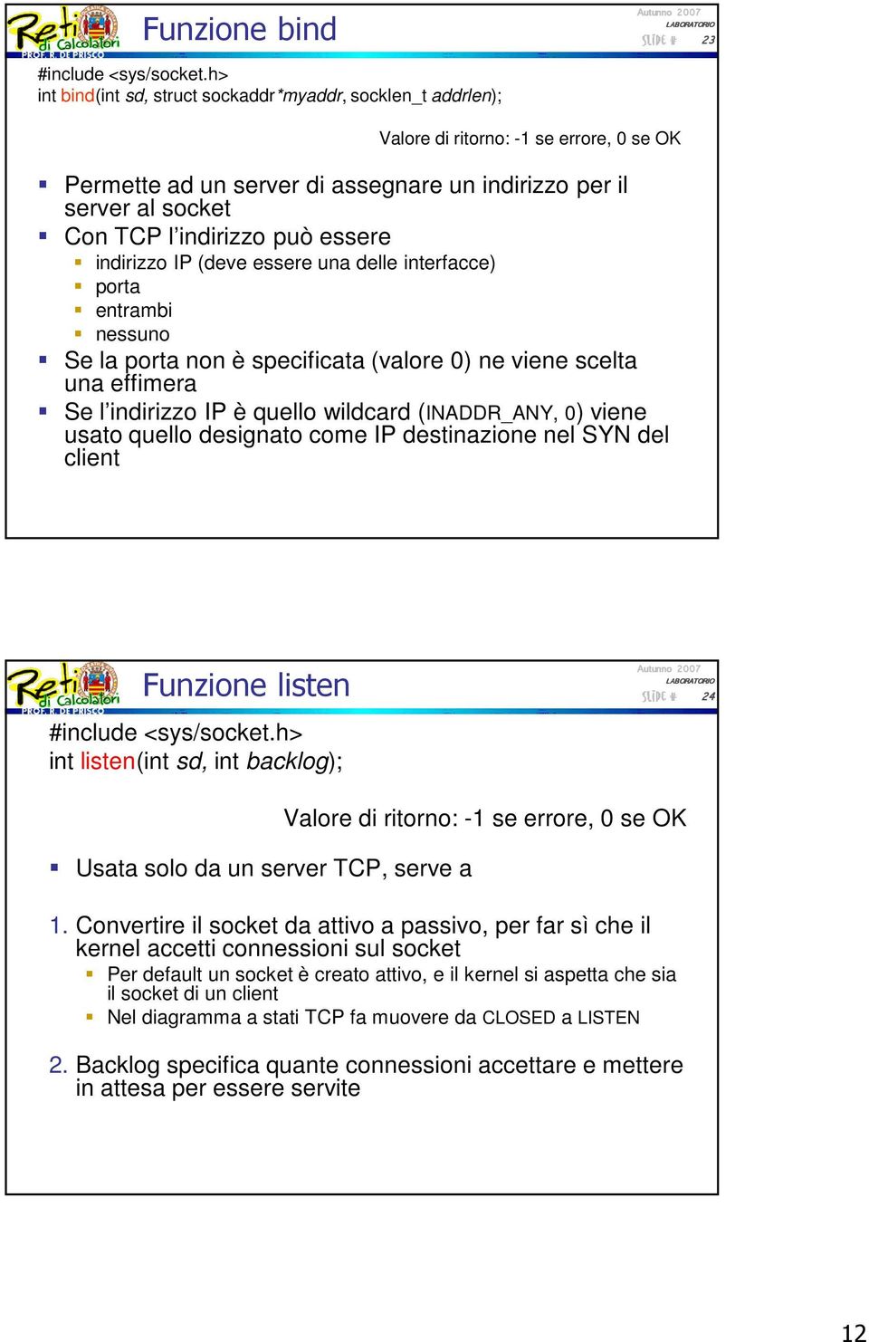 può essere indirizzo IP (deve essere una delle interfacce) porta entrambi nessuno Se la porta non è specificata (valore 0) ne viene scelta una effimera Se l indirizzo IP è quello wildcard