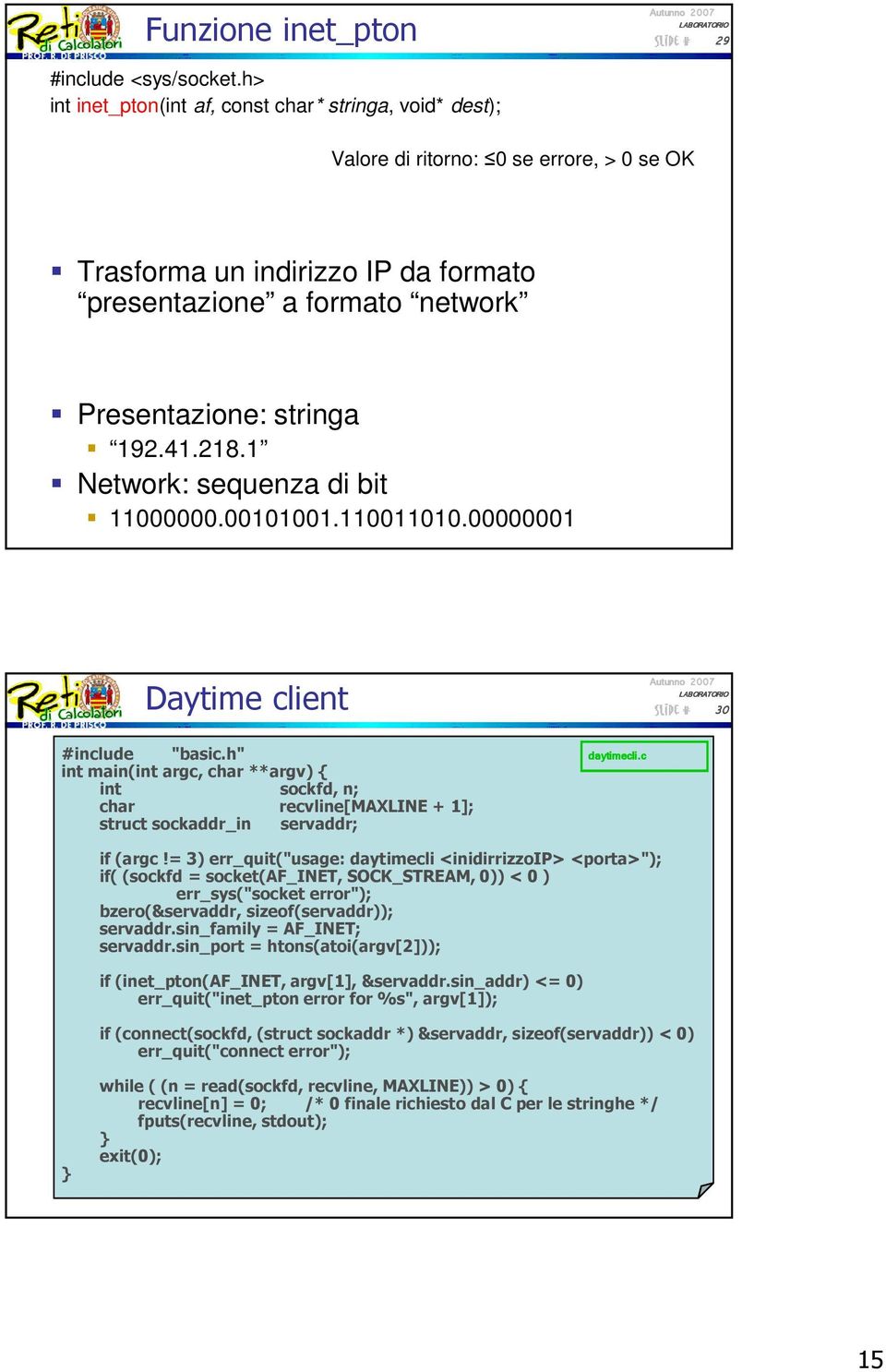 218.1 Network: sequenza di bit 11000000.00101001.110011010.00000001 Daytime client 30 #include "basic.