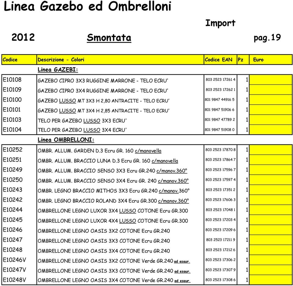 17262 1 1 E10100 GAZEBO LUSSO MT 3X3 H 2,80 ANTRACITE - TELO ECRU' 801 9847 44916 5 1 E10101 GAZEBO LUSSO MT 3X4 H 2,85 ANTRACITE - TELO ECRU' 801 9847 51906 6 1 E10103 TELO PER GAZEBO LUSSO 3X3