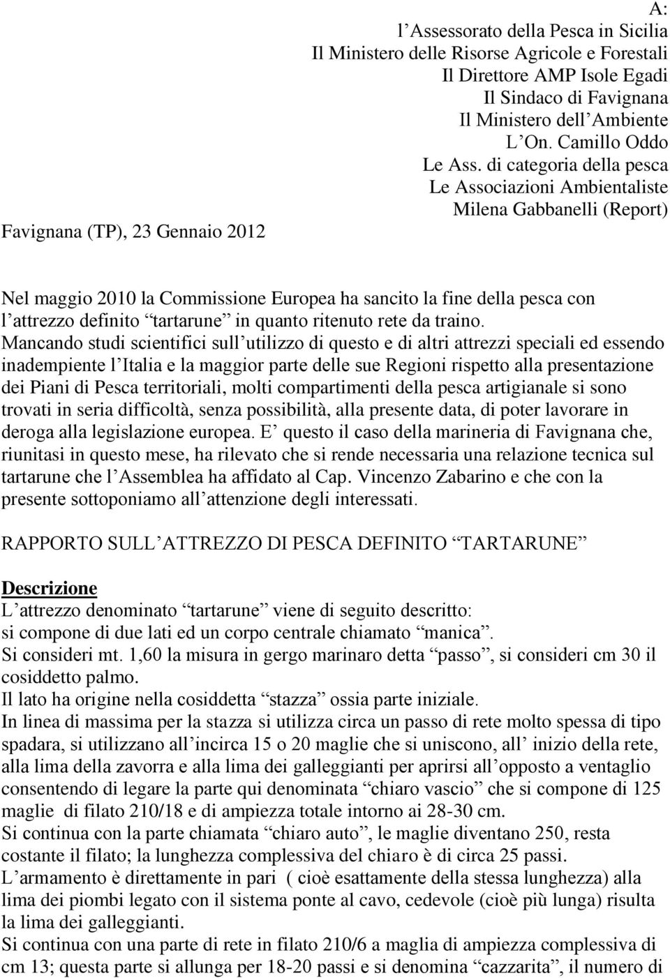 di categoria della pesca Le Associazioni Ambientaliste Milena Gabbanelli (Report) Nel maggio 2010 la Commissione Europea ha sancito la fine della pesca con l attrezzo definito tartarune in quanto