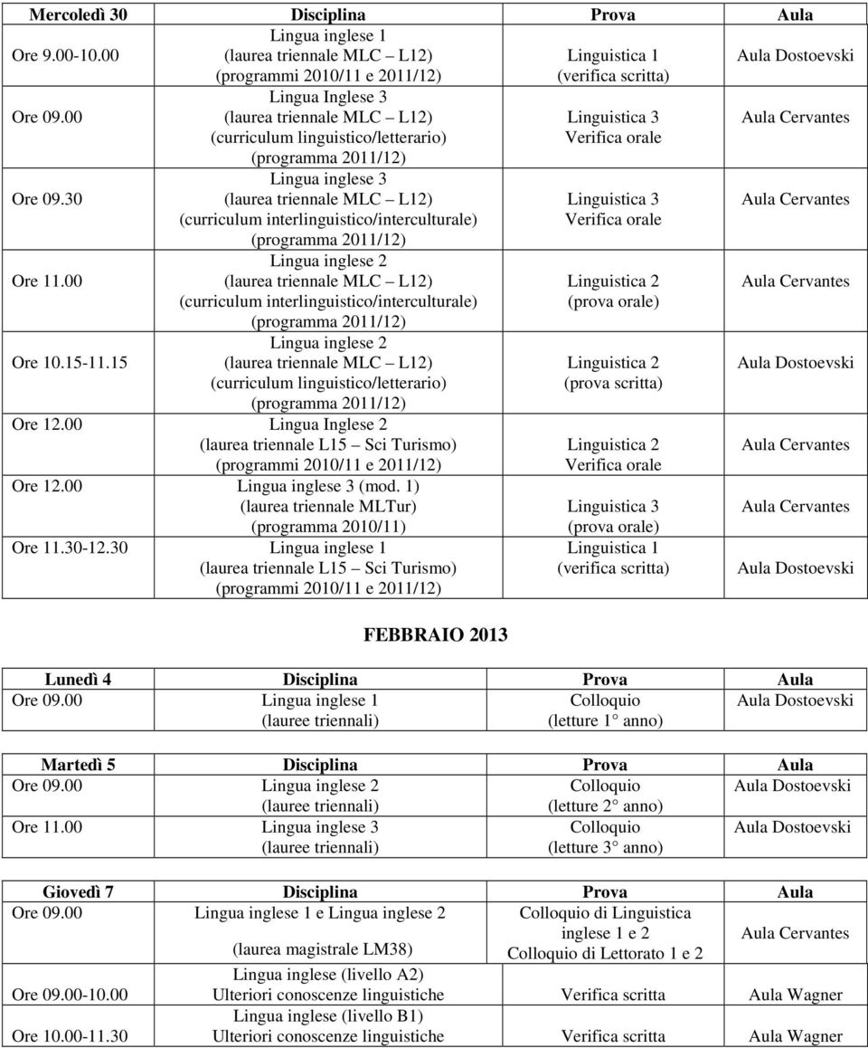 30 FEBBRAIO 2013 Lunedì 4 Disciplina Prova Aula (letture 1 anno) Martedì 5 Disciplina Prova Aula (letture 2 anno)
