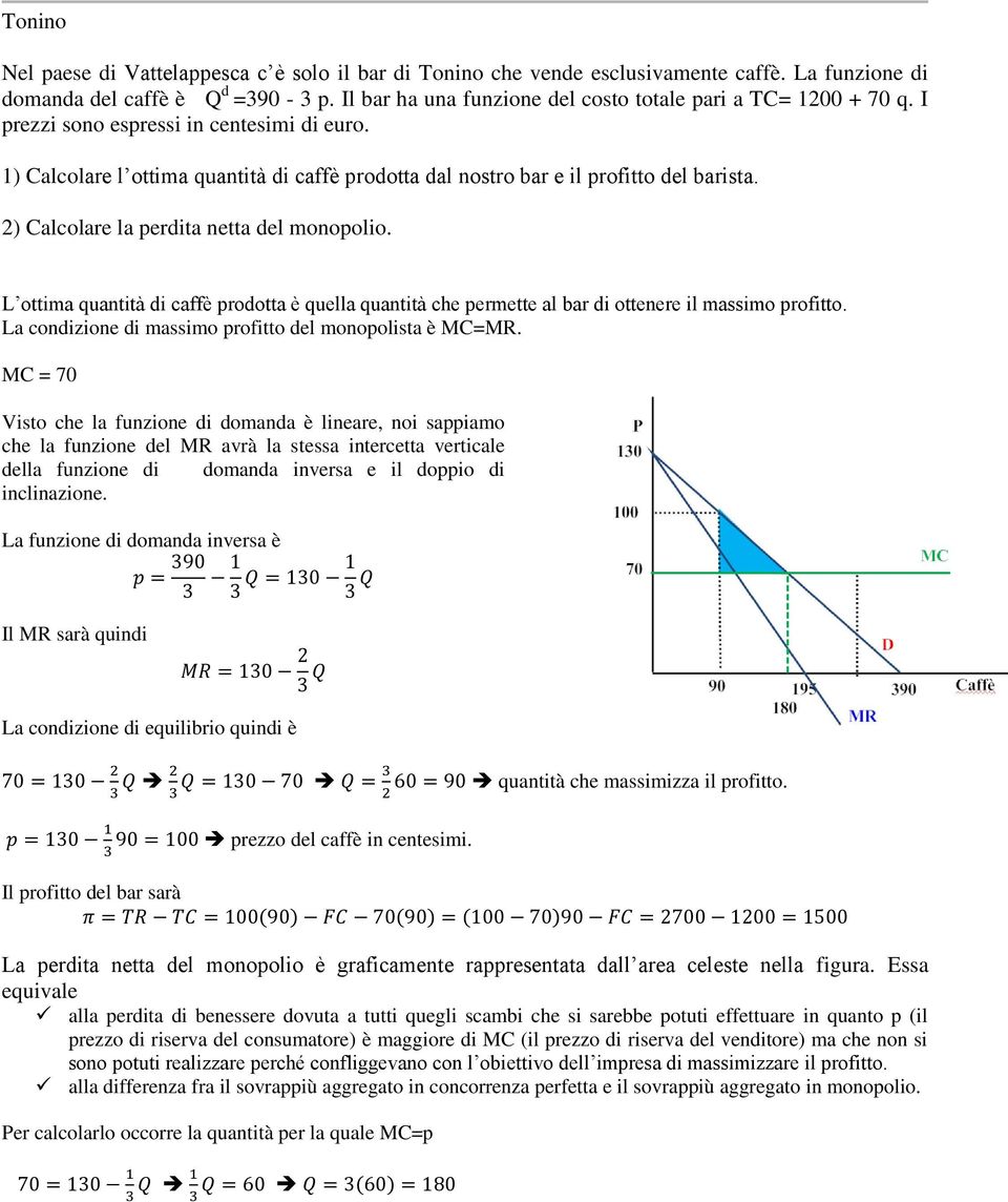 2) Calcolare la perdita netta del monopolio. L ottima quantità di caffè prodotta è quella quantità che permette al bar di ottenere il massimo profitto.