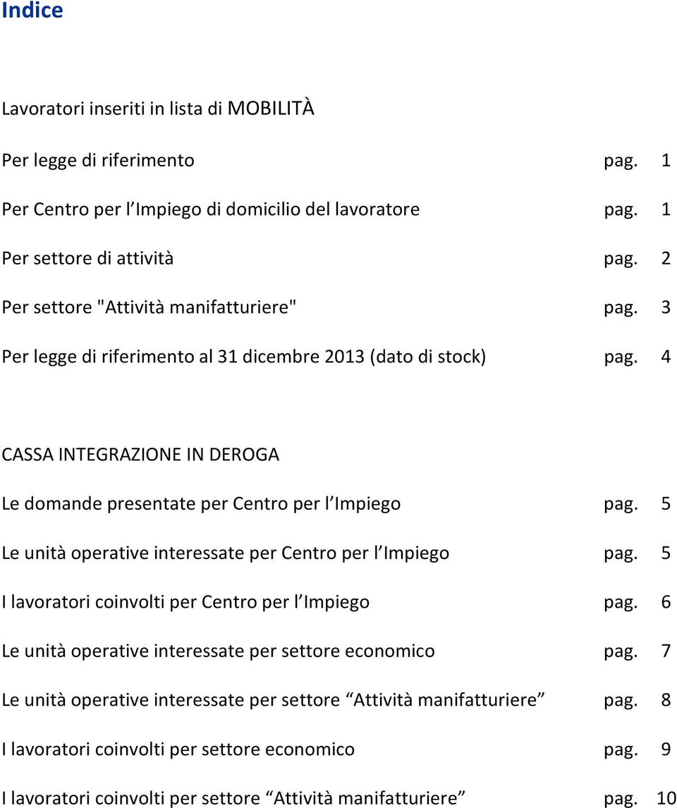 4 CASSA INTEGRAZIONE IN DEROGA Le domande presentate per Centro per l Impiego pag. 5 Le unità operative interessate per Centro per l Impiego pag.