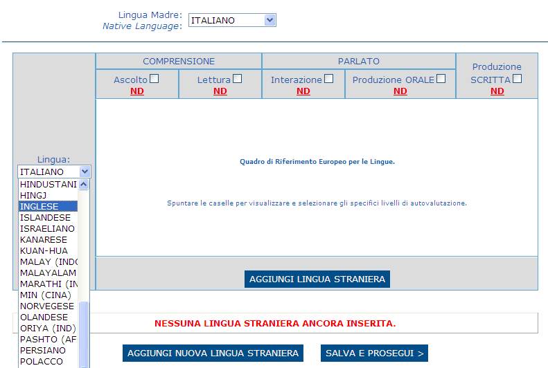 Nella parte alta è possibile inserire la Lingua Madre attraverso il menù a tendina, mentre