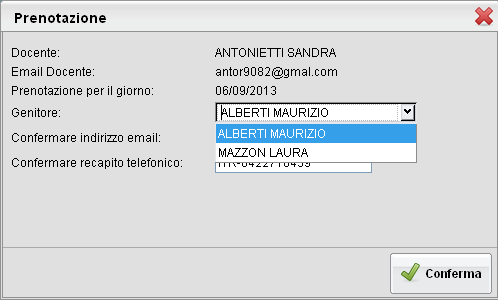 e-mail e il recapito telefonico (il programma proporrà ove presenti quelli immessi dalla segreteria per il