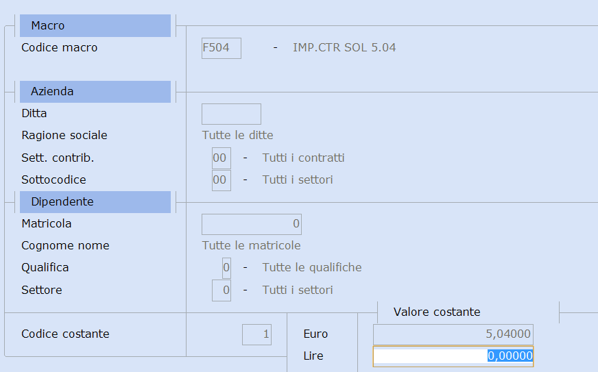 Caricare per la macro F504 la costante 1 con il valore in Euro 5.04 ( Prestazioni e funzionamento EE.BB.