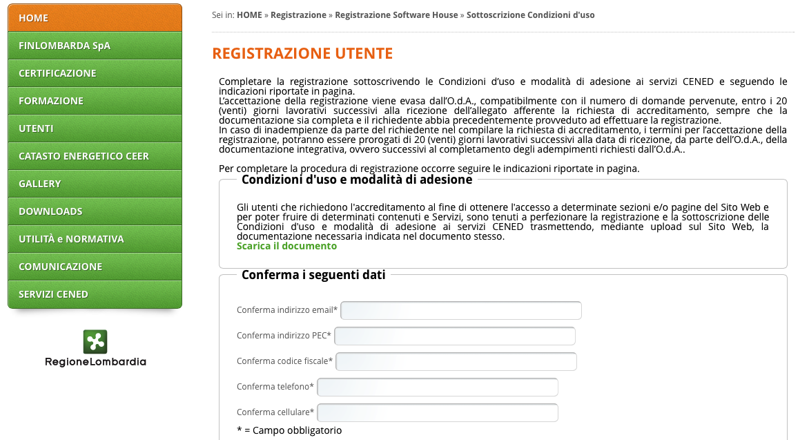 Aggiornamento 02/10/2015 Guida ai servizi CENED Software House Fig. 4 Sottoscrizione Condizioni d uso. 2.1.1. Perfezionamento della registrazione a.