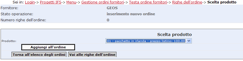 Click su Inserisci nuovo ordine per effettuare un ordine presso il fornitore selezionato Per effettuare un ordine è necessario inserire le informazioni relative alla testata dell ordine (data,