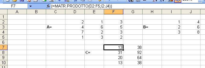 Figura A: Calcolo del prodotto tra due matrici utilizzando la funzione di Excel MATRPRODOTTO A Il determinante e la matrice inversa Preliminarmente allo sviluppo del determinante e della matrice