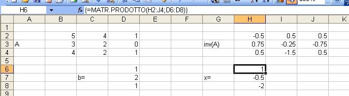 dove A = 5 4 0 4, b =, x = Prendendo l inversa di ambo i membri dell equazione (A4 otteniamo che: x = A b Il determinante della matrice A (calcolato con la funzione di Excel MATRDETERM risulta pari a