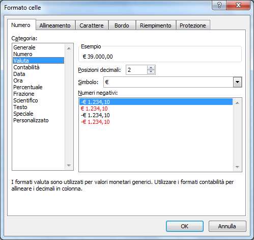 Figura 4.5.4 Formato Valuta Barra multifunzione Alcune impostazioni possono essere gestite anche tramite le opzioni raccolte nel gruppo Numeri (Figura 4.5.5) della scheda Home della Barra multifunzione.