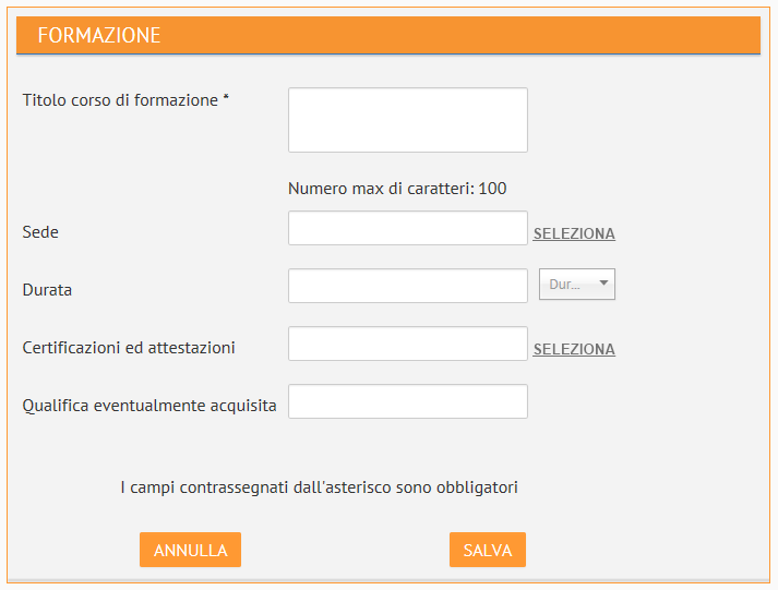 Il mio CV 6.1.4 Formazione Nella sezione Formazione è data la possibilità di inserire i corsi di formazione frequentati. Per fare questo, cliccare sul pulsante AGGIUNGI e compilare il modulo dedicato.