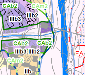 Modificato il limite tra CAe2 e CAb2/CAm2, ridotta l'estensione della classe IIIb2 e ampliata la classe IIIa. b) Conoide torrente Chisonetto.