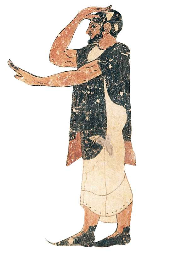 5E_Etruschi L'abbigliamento Le donne etrusche indossavano lunghe tuniche ricamate, strette in vita da una cintura. Si coprivano con mantelli colorati di lana o di lino.