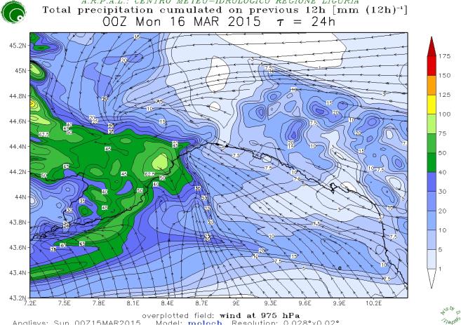 Figura 4 Mappa di vento a 10 m e pressione a livello del mare riferita alle 09 UTC del 15 marzo 2015 (previsione a +9h del modello BOLAM10 inizializzato alle 00 UTC del 15 marzo) Figura 5 Mappa di