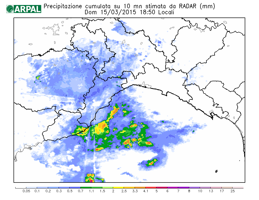Figura 8 Mappa della precipitazione cumulata in 10 minuti stimata dal radar meteorologico di Monte Settepani riferita alle ore 18:50 locali.