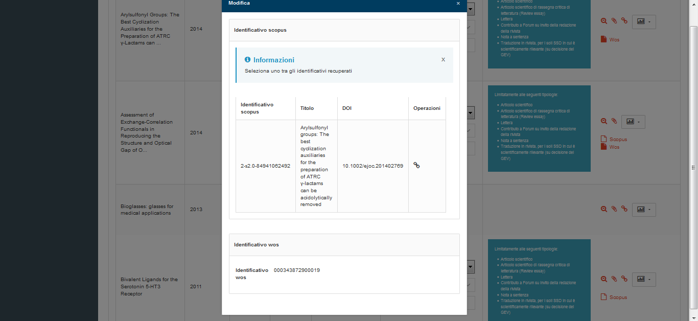 Associazione dei codici Scopus/WoS Una volta cliccato sulla catena, si apre una finestra in cui inserire il/i codice/i mancante/i.