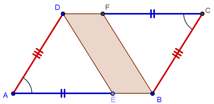 Problema 2.296.7 Dato il parallelogrammo ABCD, si prendano sui lati opposti AB e CD i due segmenti congruenti AE e CF. Dimostrare che il quadrilatero DEBF è pure un parallelogrammo.