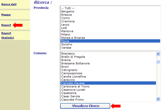 Il menu Report consente di visualizzare e stampare gli elenchi degli impianti