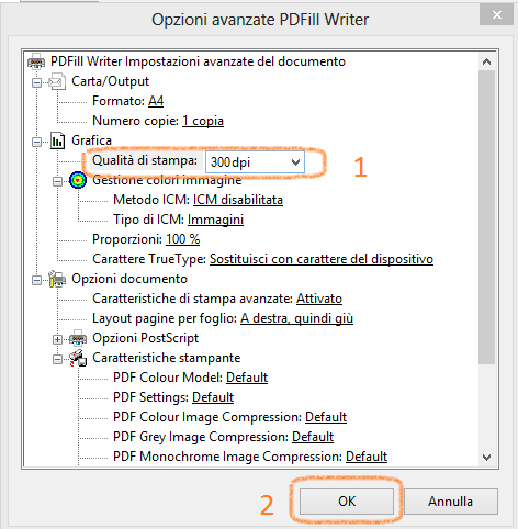 Cliccate sul bottone "Avanzate" e modificate la risoluzione a 300dpi (dot per inch, punti per pollice), Figura 28: configurazione