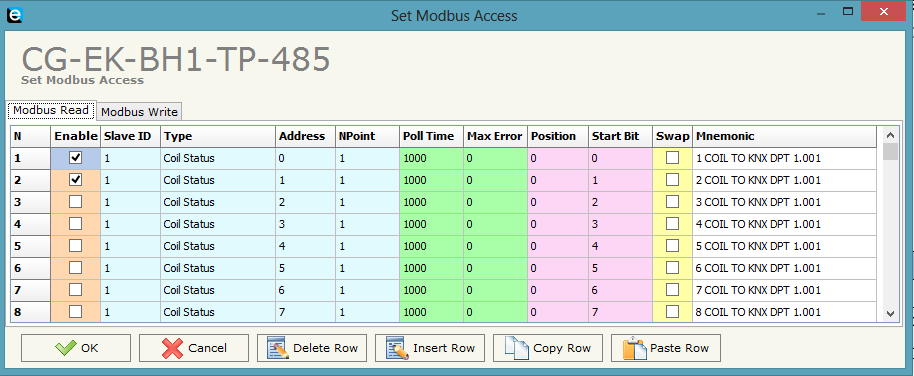 5.6 Configurazione registri Modbus In questa sezione, vengono definiti i registri, con le modalità di lettura e scrittura, che devono essere scambiati con la rete seriale Modbus.