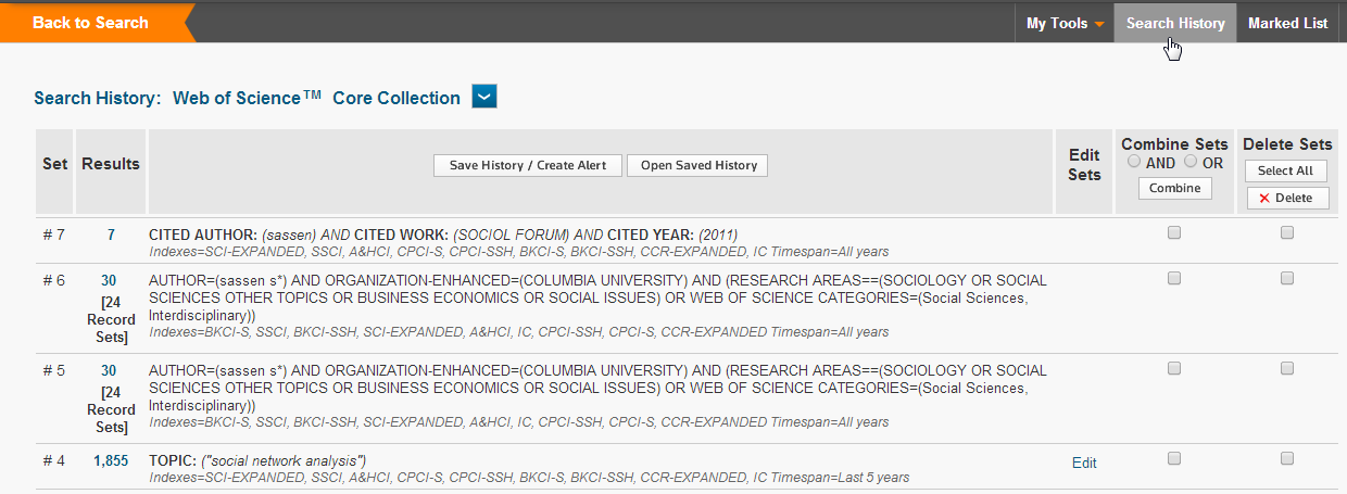 Cronologia (Search History) Tutte le ricerche eseguite nella sessione corrente sono disponibili nella pagina di Search History, dalla quale è possibile: combinare i risultati di più ricerche (con AND